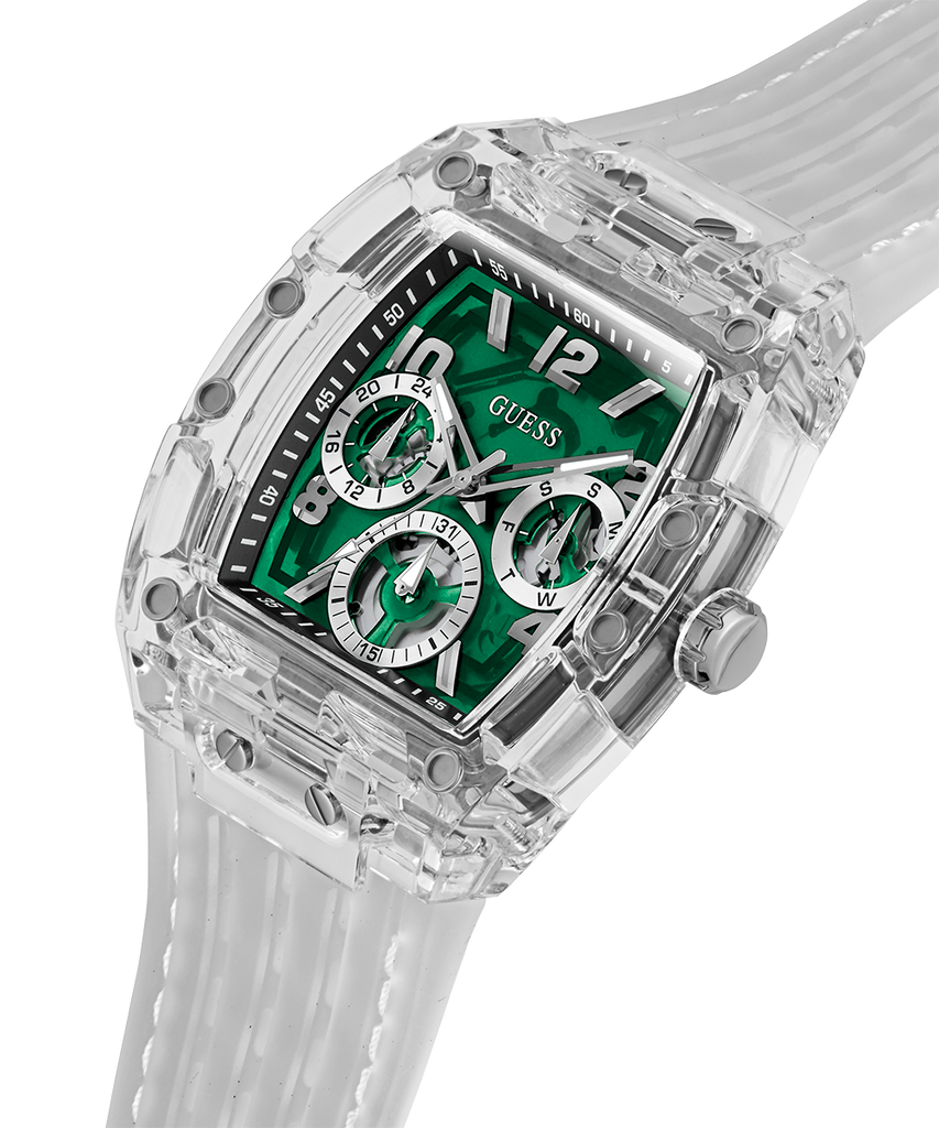 Guess Phoenix Quartz Green Dial Transparent Silicone Strap Watch For Men - GW0499G8