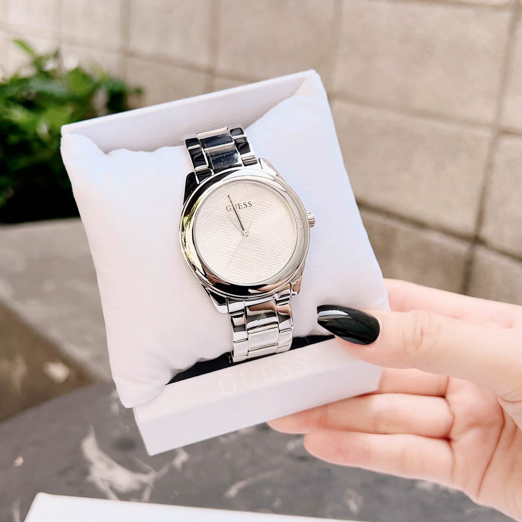 Guess Cubed Analog Silver Dial Silver Steel Strap Watch For Women - GW0606L1