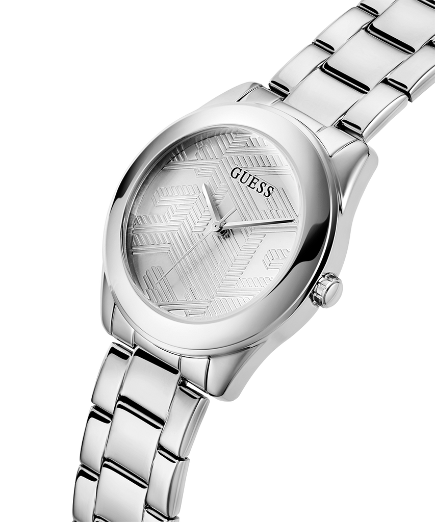 Guess Cubed Analog Silver Dial Silver Steel Strap Watch For Women - GW0606L1