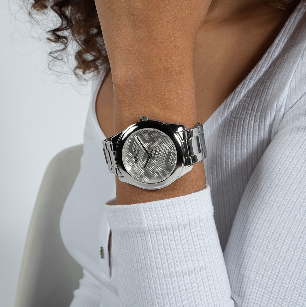 Guess Cubed Analog Silver Dial Silver Steel Strap Watch For Women - GW0606L1