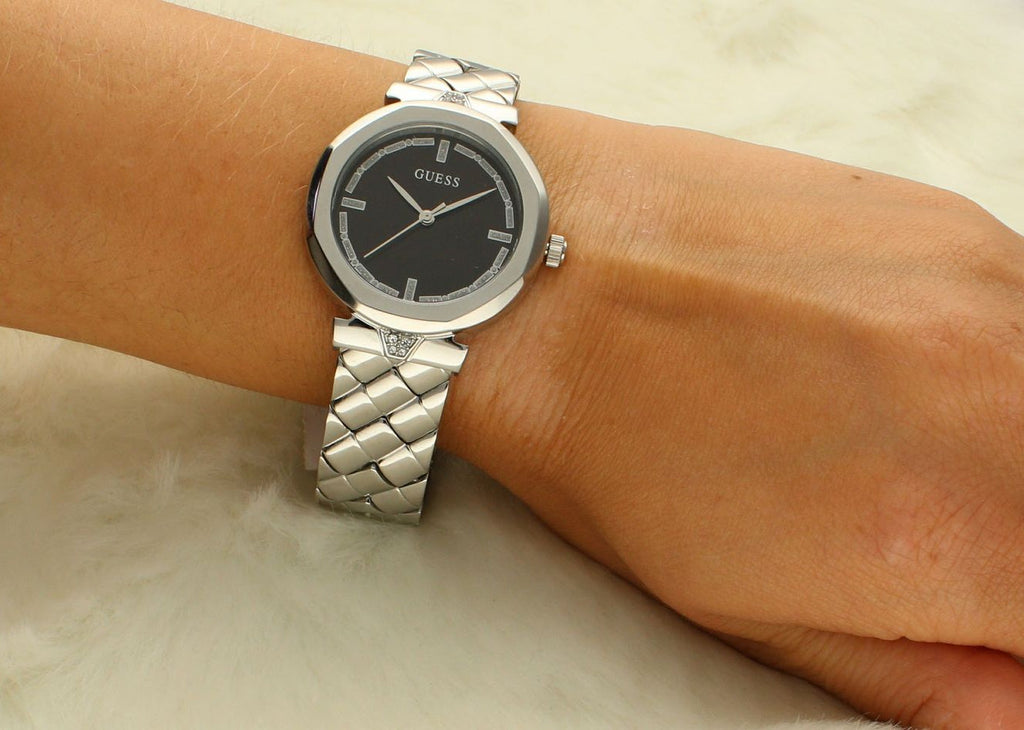 Guess Rumour Quartz Black Dial Silver Steel Strap Watch For Women - GW0613L1