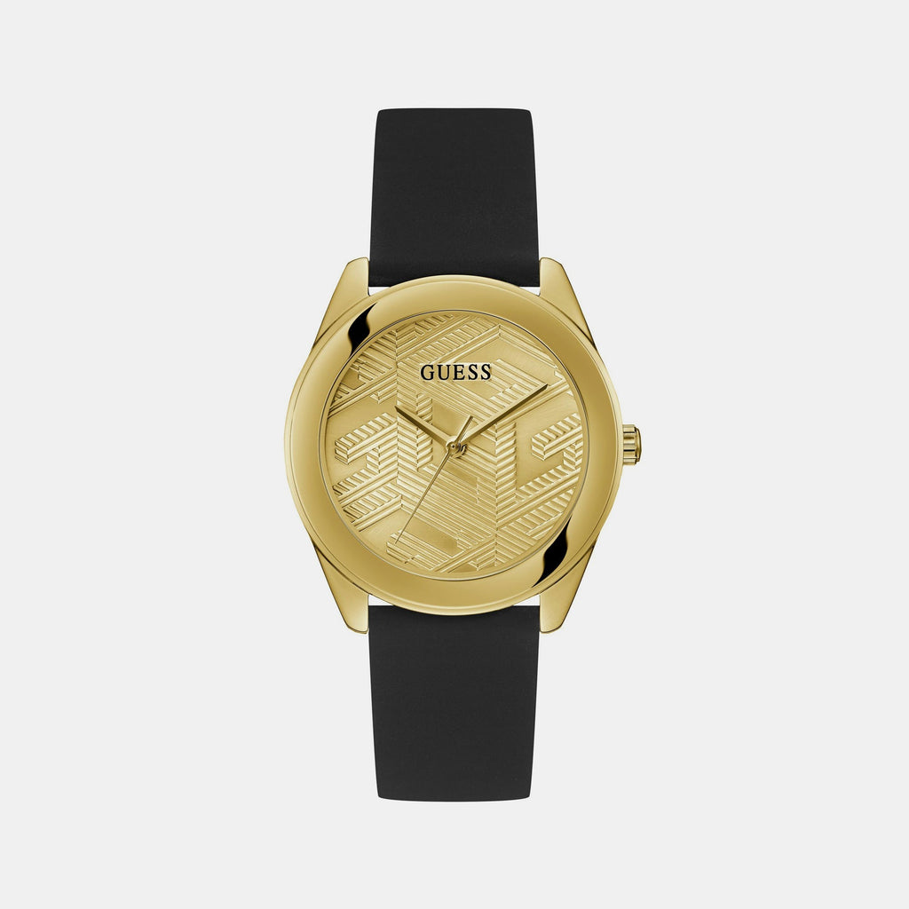 Guess Cubed Analog Gold Dial Black Silicone Strap Watch For Women - GW0665L1