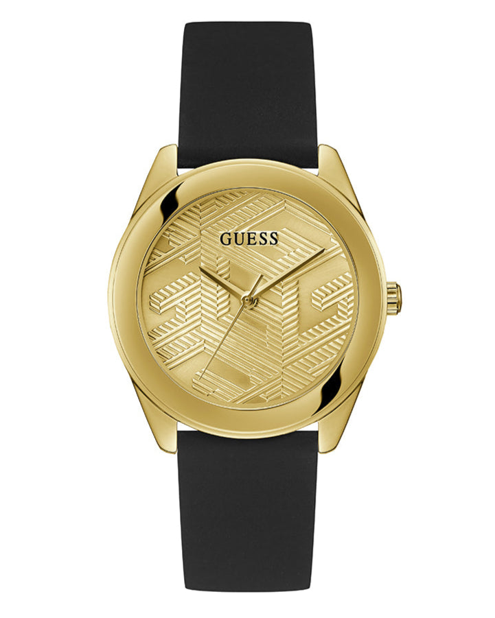 Guess Cubed Analog Gold Dial Black Silicone Strap Watch For Women - GW0665L1