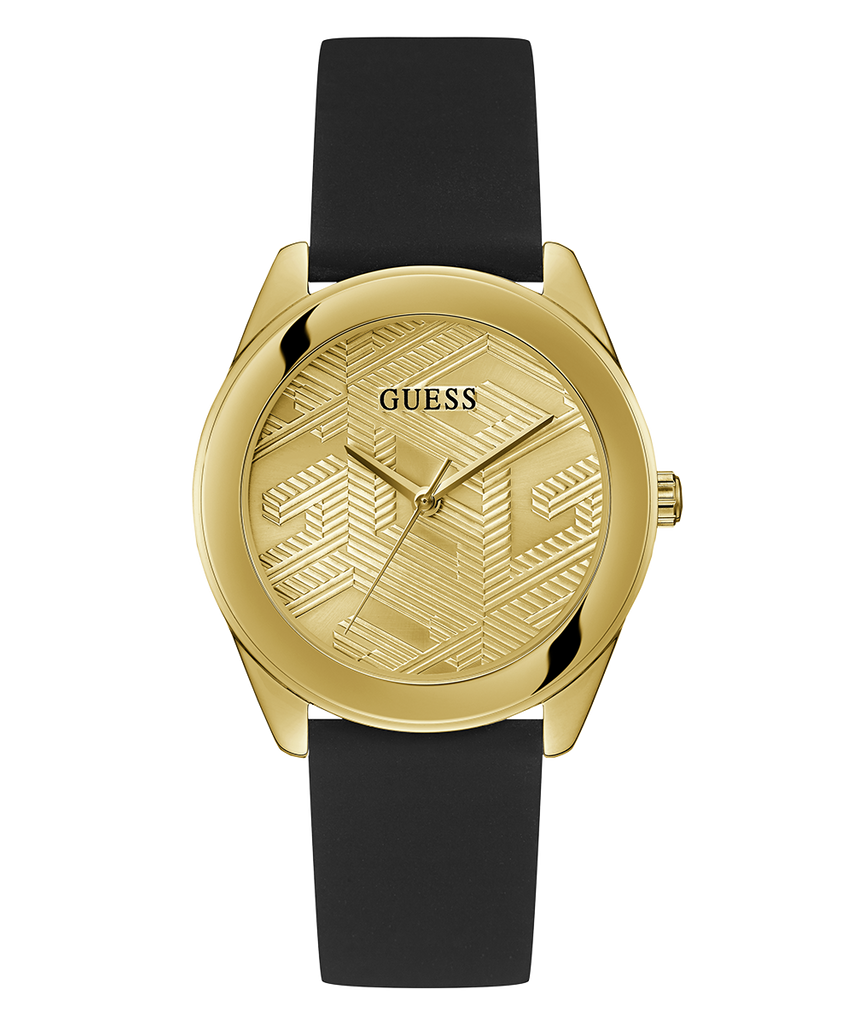 Guess Cubed Analog Gold Dial Black Silicone Strap Watch For Women - GW0665L1