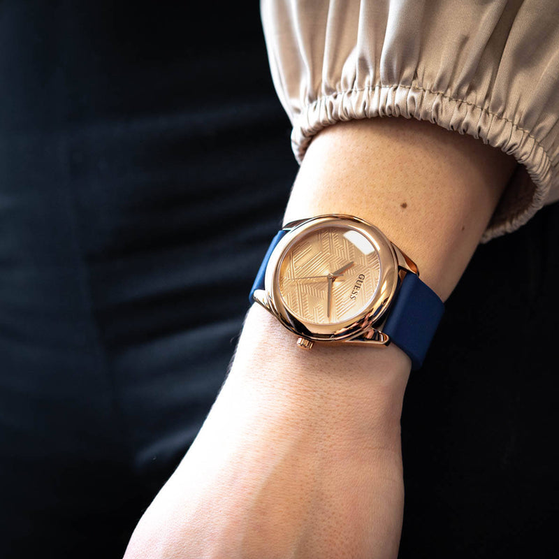 Guess Cubed Analog Rose Gold Dial Blue Leather Strap Watch For Women - GW0665L2