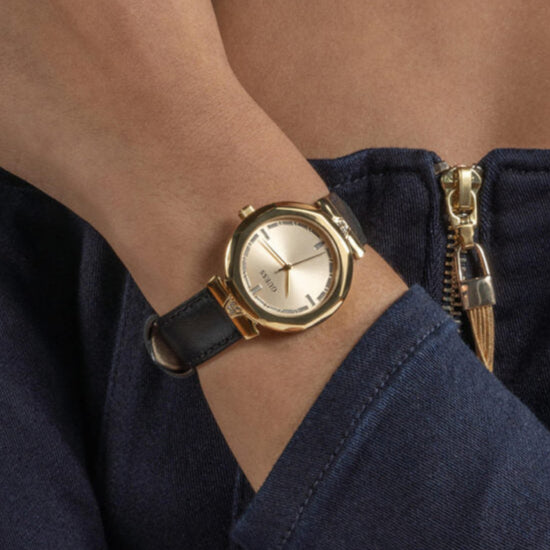Guess Rumour Quartz Gold Dial Black Leather Strap Watch For Women - GW0689L2