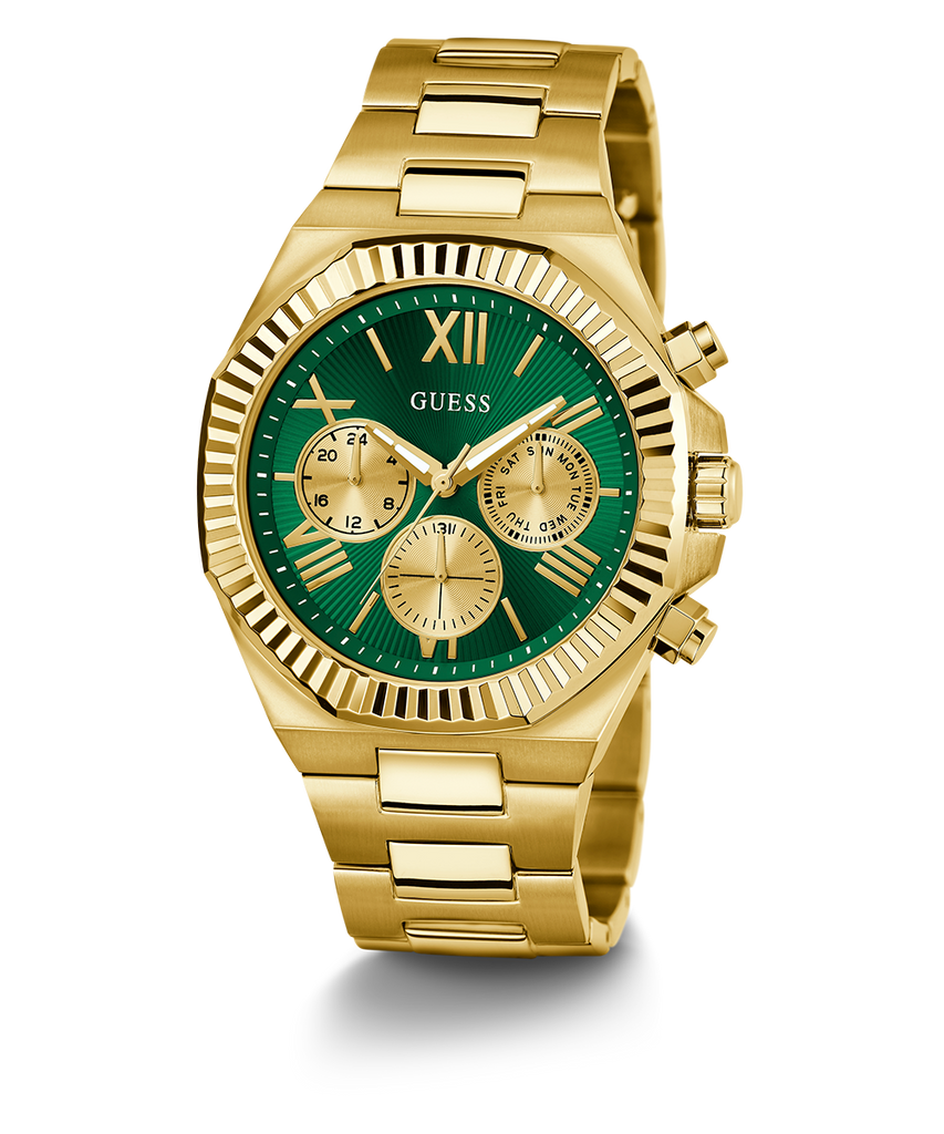 Guess Equity Analog Green Dial Gold Steel Strap Watch For Men - GW0703G2