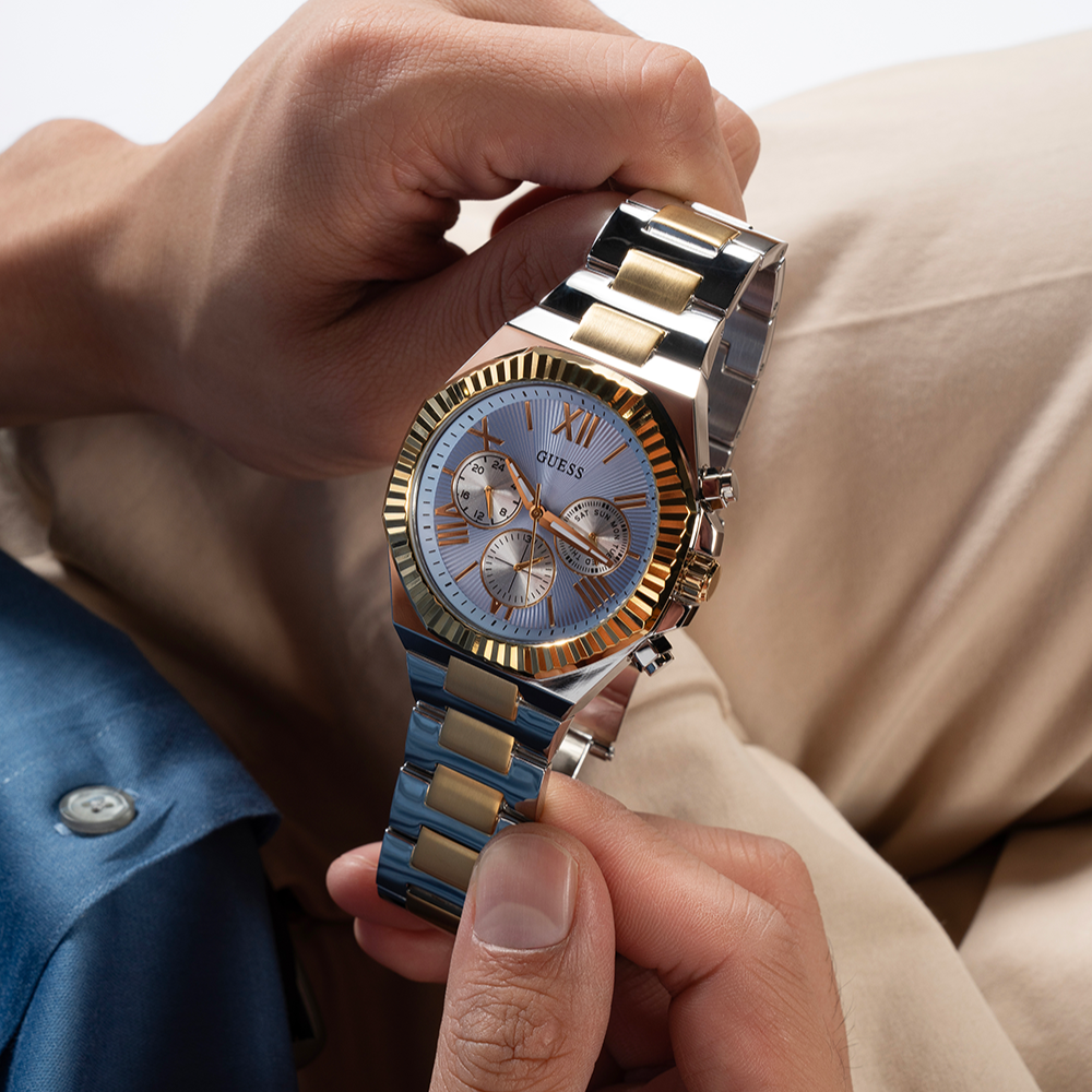 Guess Equity Analog Blue Dial Two Tone Steel Strap Watch For Men - GW0703G3