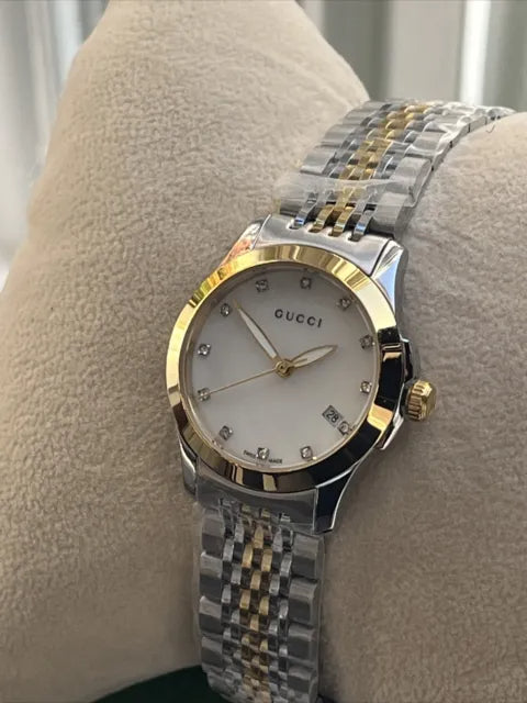 Gucci G Timeless Diamonds Mother of Pearl Dial Two Tone Mesh Bracelet Watch for Women - YA126513