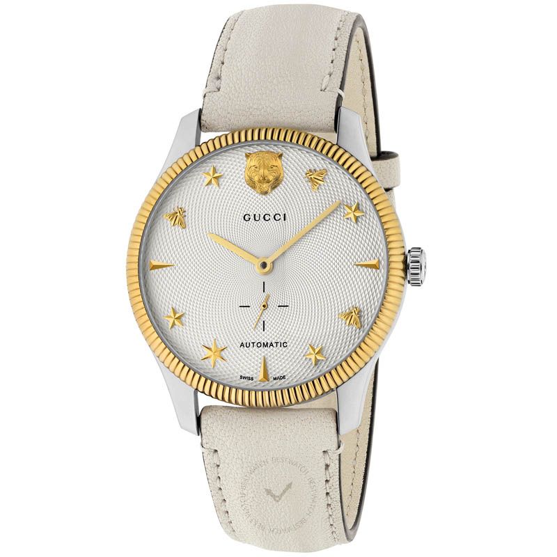 Gucci G Timeless Automatic Silver Dial Beige Leather Strap Watch For Men - YA126348