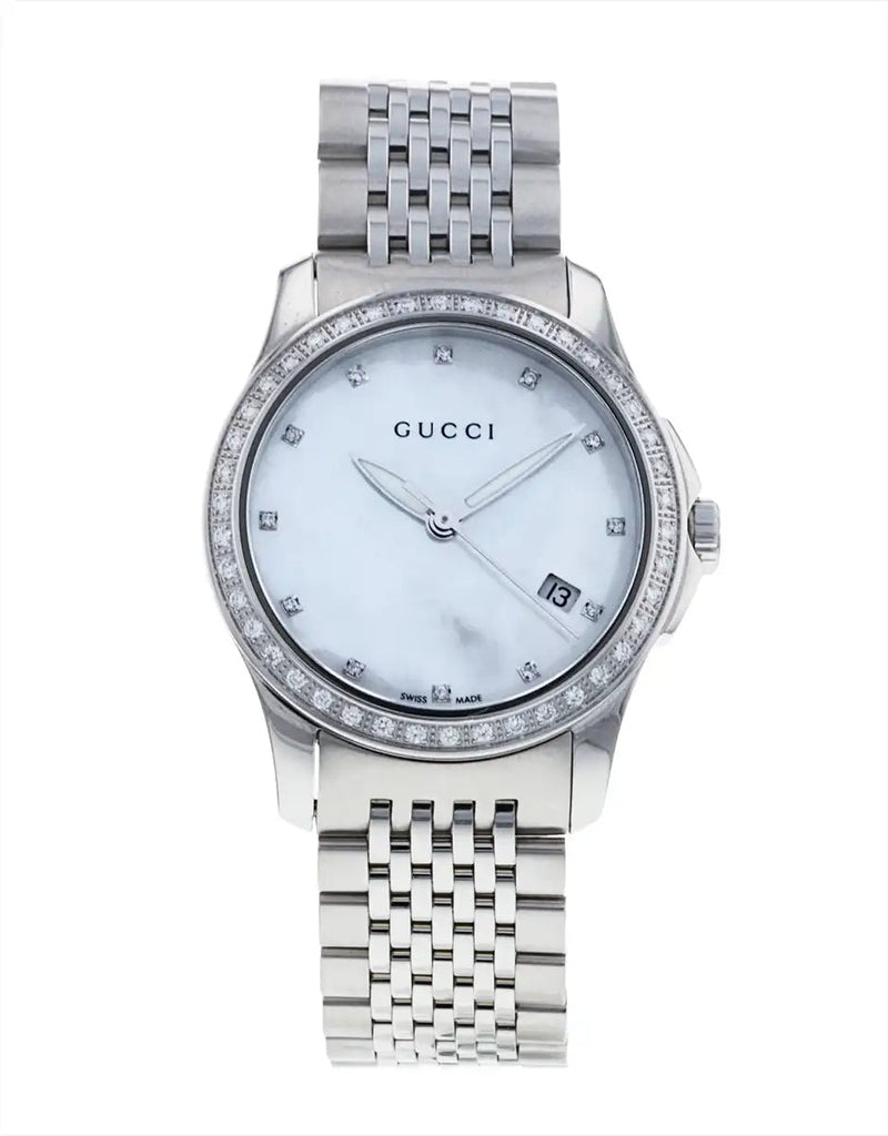 Gucci G Timeless Diamonds Mother of Pearl Dial Silver Steel Strap Watch For Women - YA126506