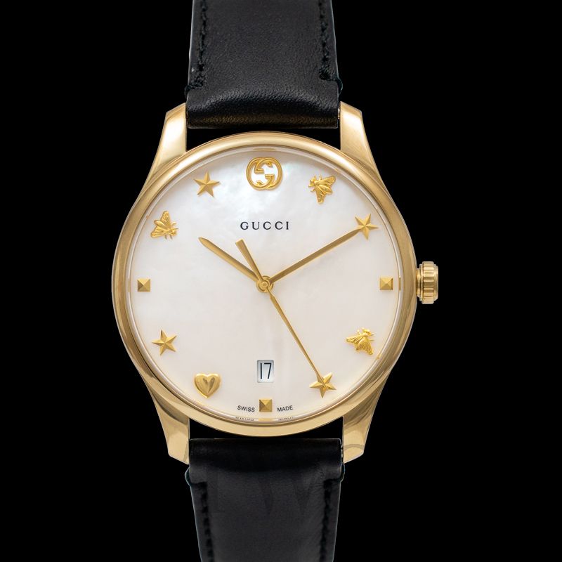 Gucci G-Timeless Mother of Pearl Dial Black Leather Strap Watch For Women - YA126589