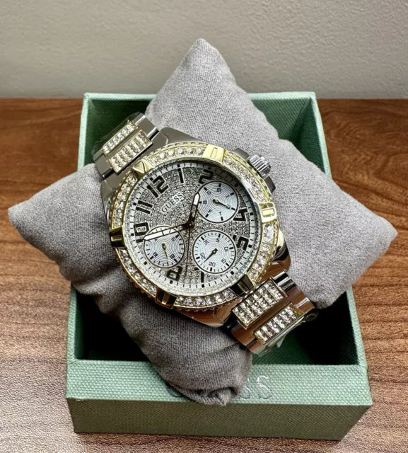 Guess Frontier Chronograph Crystals Gold Dial Two Tone Steel Strap Watch For Women - W1156L5