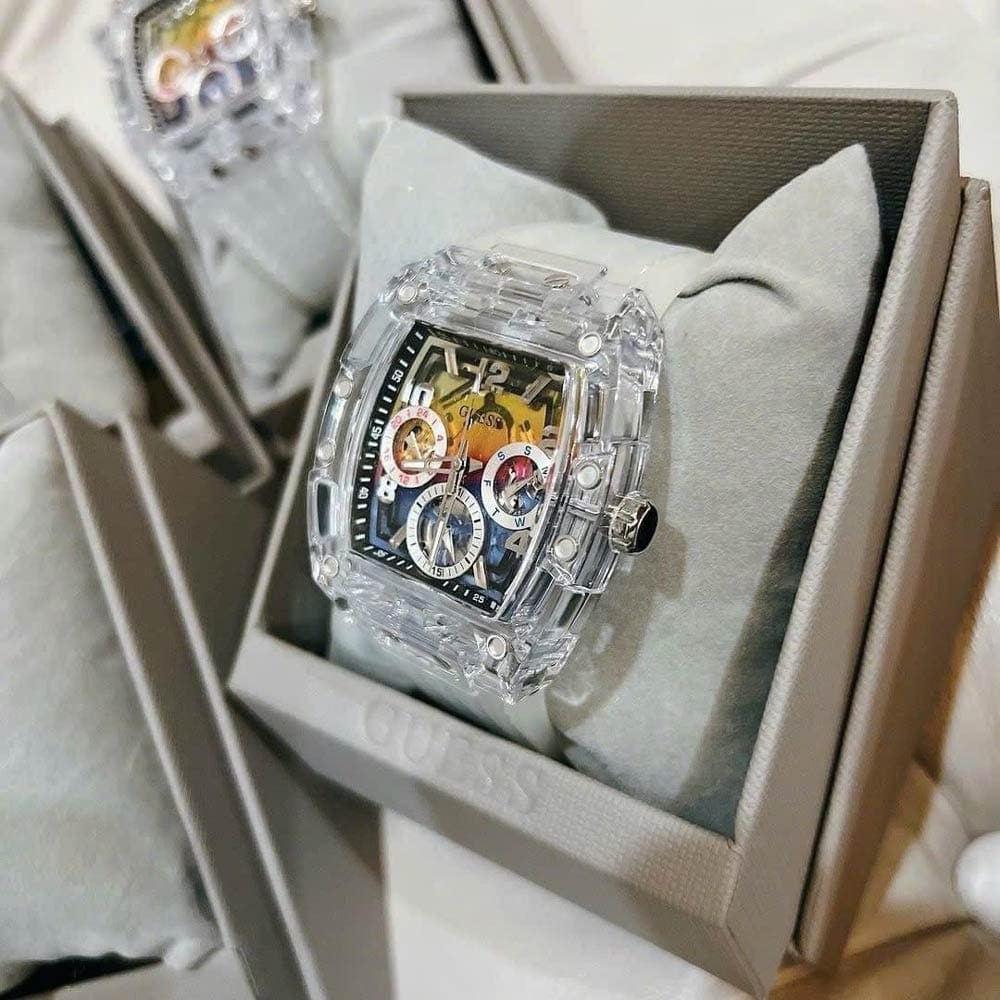 Guess Phoenix Polycarbonate Clear Multi-function Black Dial Clear Rubber Strap Watch for Men - GW0499G3