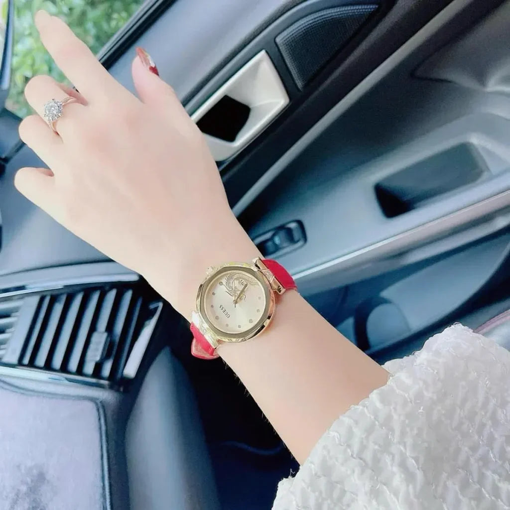 Guess Trend Dragon Gold Dial Red Leather Strap Watch For Women - GW0646L1