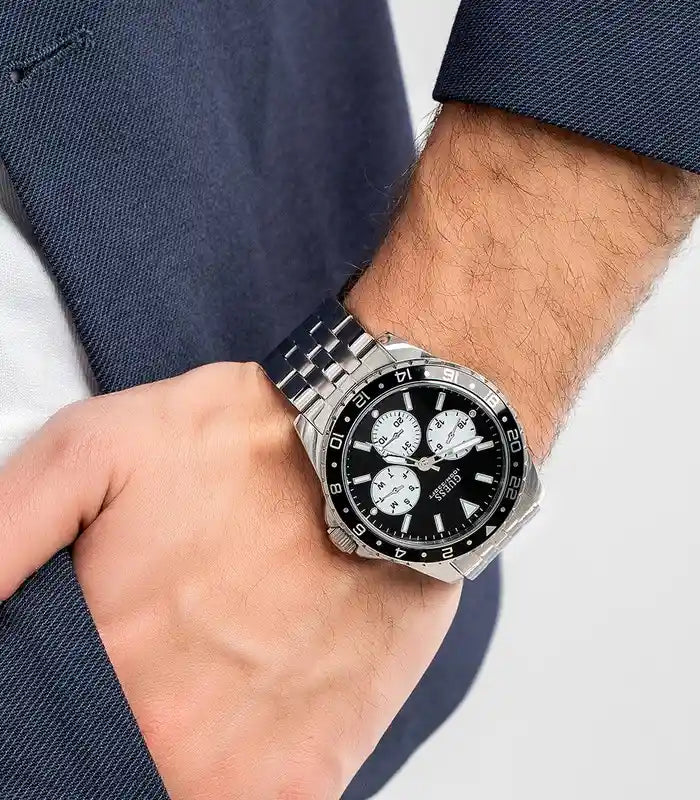 Guess Odyssey Black Dial Silver Steel Strap Watch For Men - W1107G1