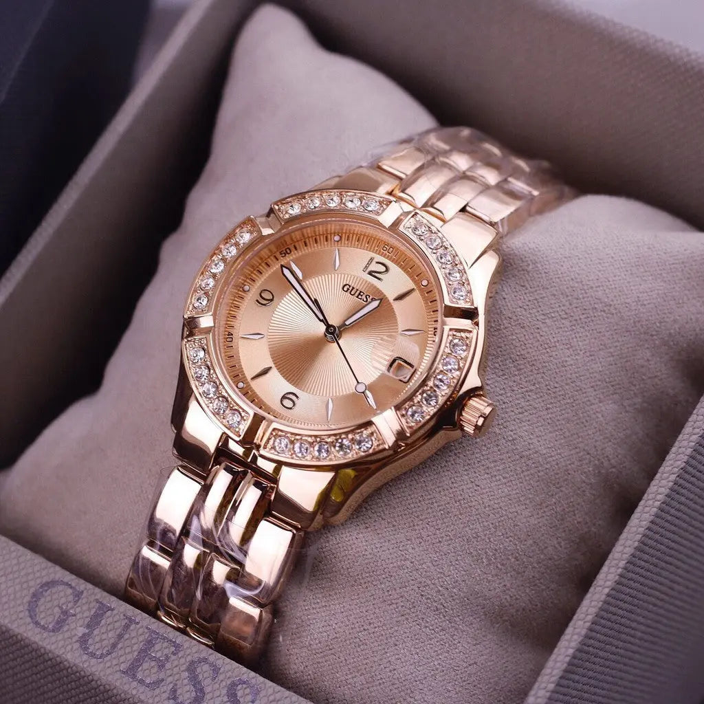 Guess Crystal Diamonds Rose Gold Dial Rose Gold Steel Strap Watch For Women - W11069L1