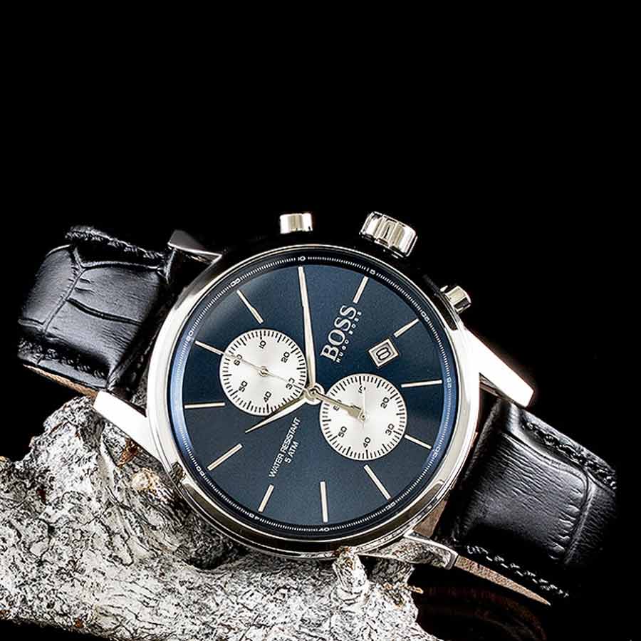 Hugo Boss Jet Blue Dial Black Leather Strap Watch for Men - 1513283