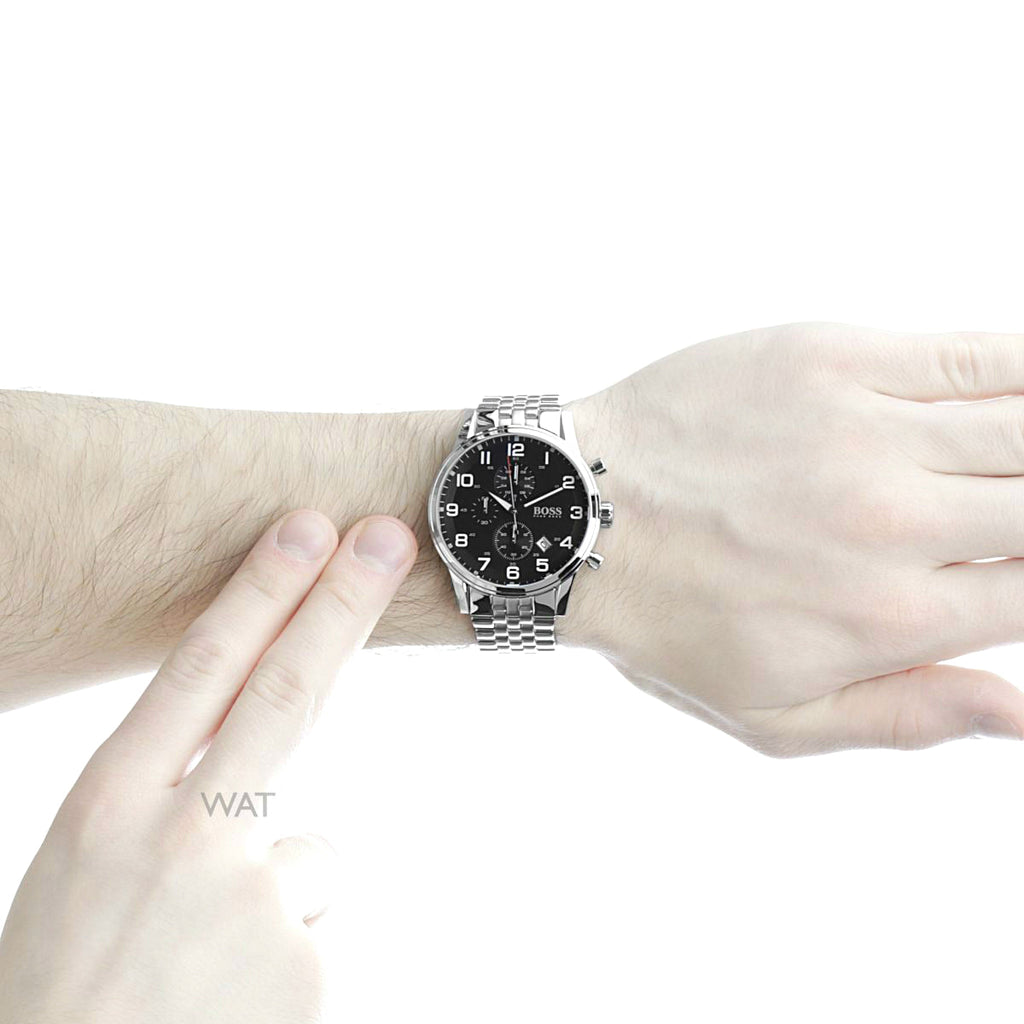 Hugo Boss Aeroliner Chronograph Black Dial Silver Steel Strap Watch For Men - 1512446