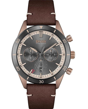 Hugo Boss Santiago Chronograph Grey Dial Brown Leather Strap Watch for Men - 1513861