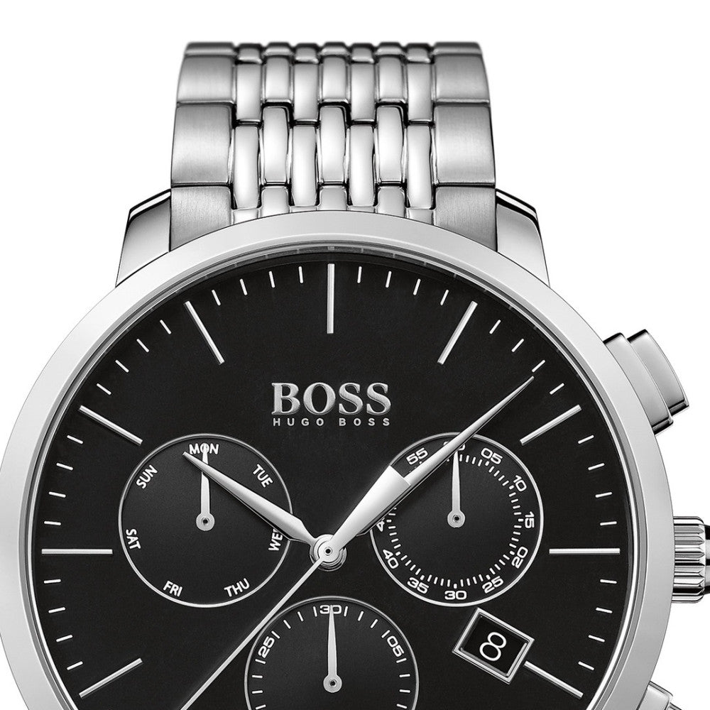 Hugo Boss Associate Black Dial Silver Steel Strap Watch for Men - 1513267