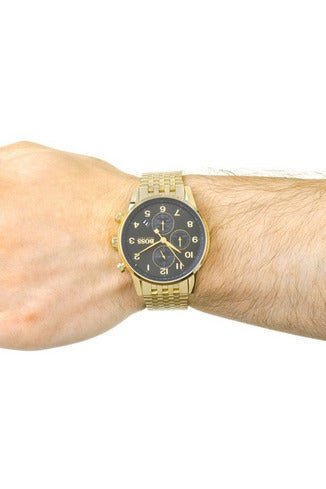 Hugo Boss Navigator Black Dial Gold Steel Strap Watch for Men - 1513531
