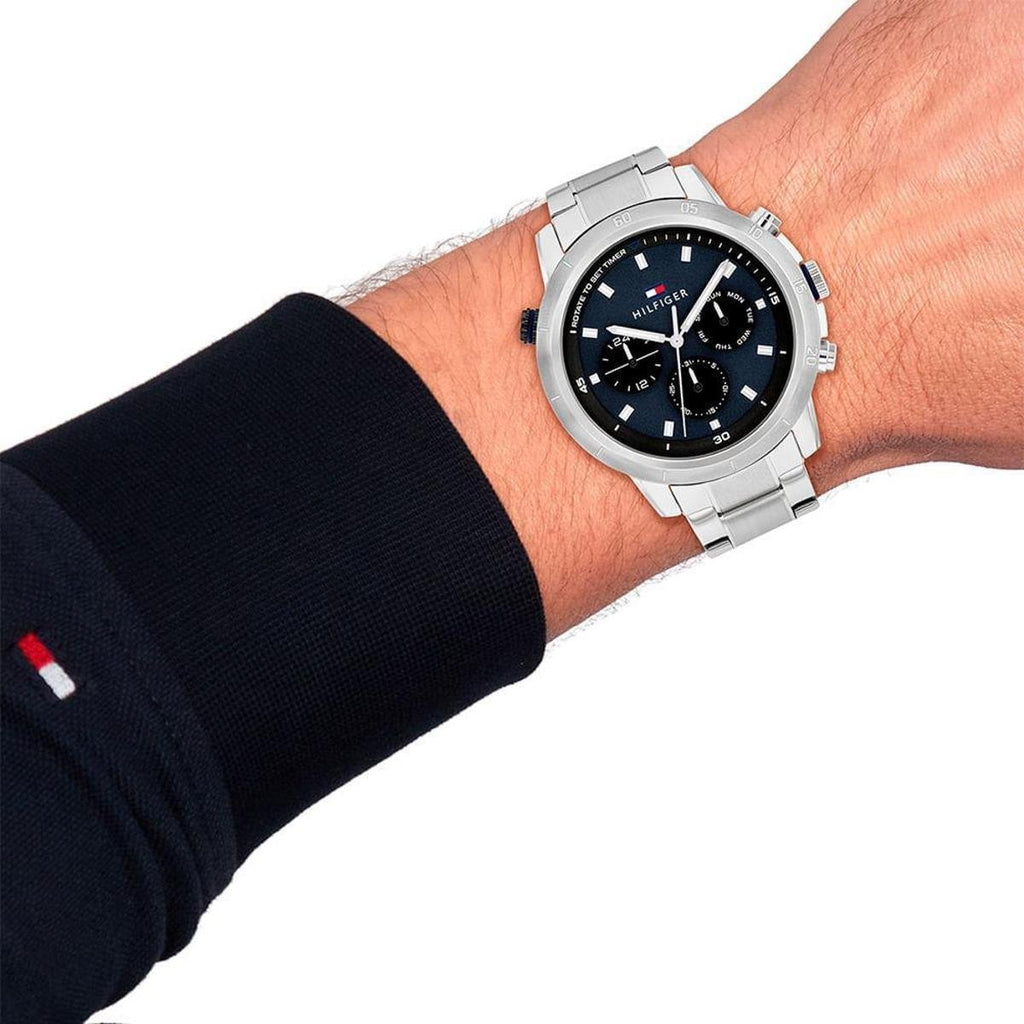 Tommy Hilfiger Troy Chronograph Blue Dial Silver Steel Strap Watch For Men - 1792104