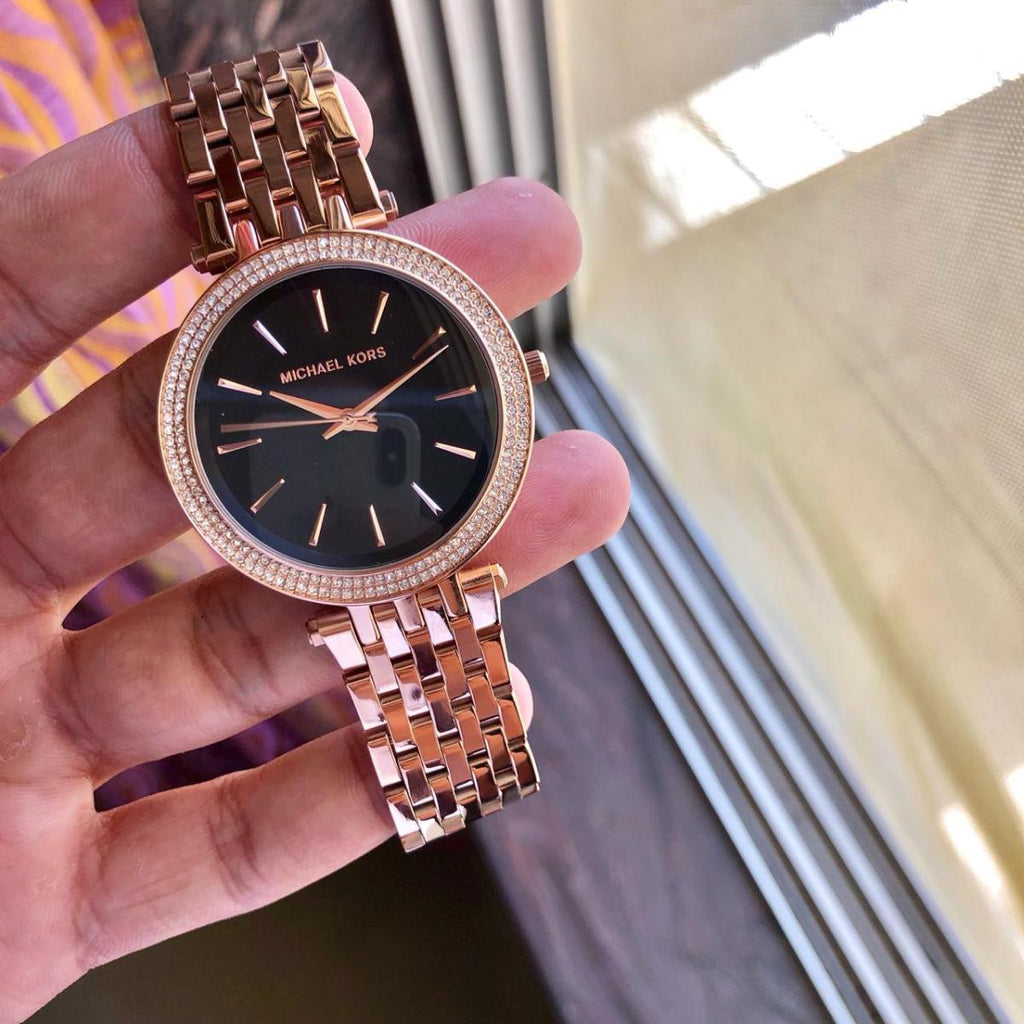Michael Kors Darci Black Dial Rose Gold Steel Strap Watch for Women - MK3402