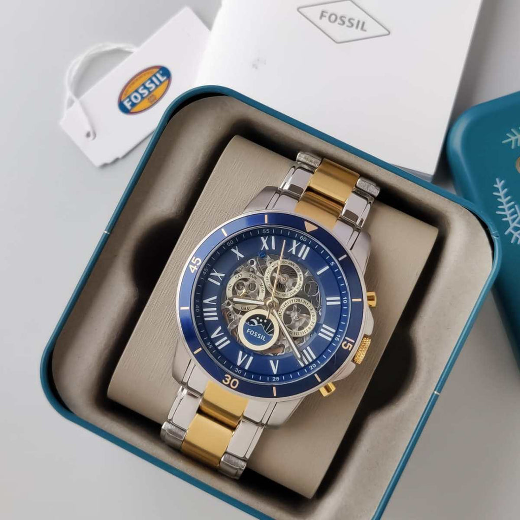 Fossil Grant Sport Automatic Skeleton Blue Dial Two Tone Steel Strap Watch for Men - ME3141
