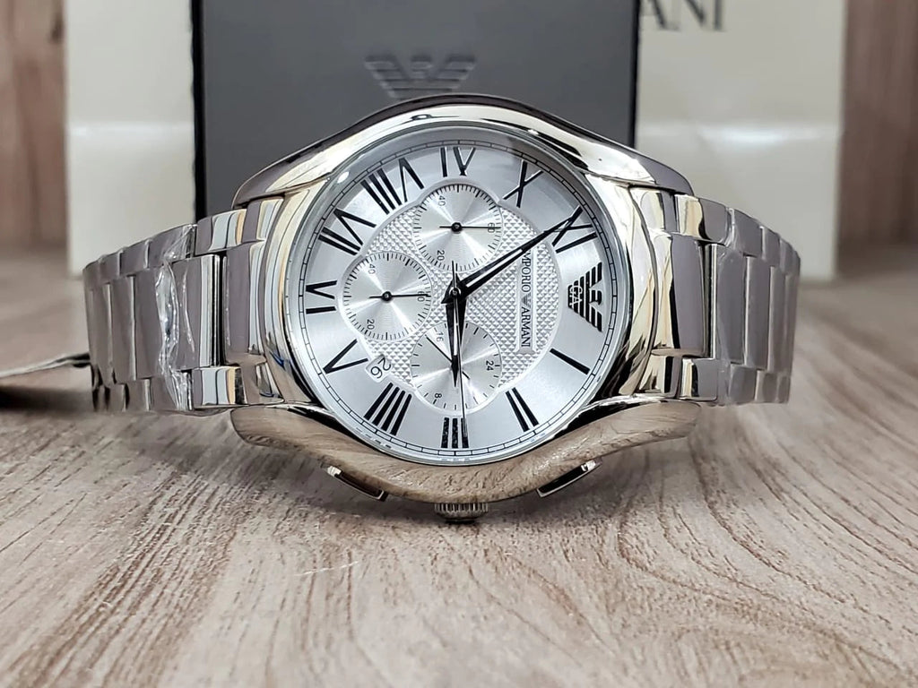 Emporio Armani Valente Chronograph Silver Dial Silver Steel Strap Watch For Men - AR11081