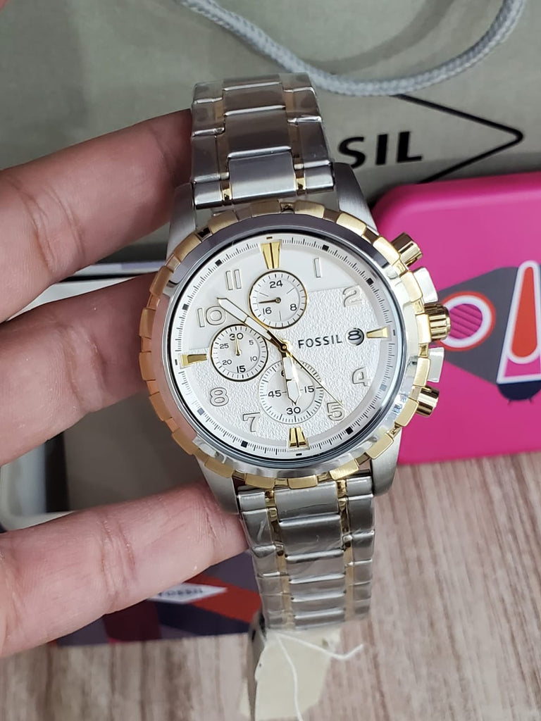 Fossil Dean Chronograph White Dial Silver Steel Strap Watch for Men - FS4795