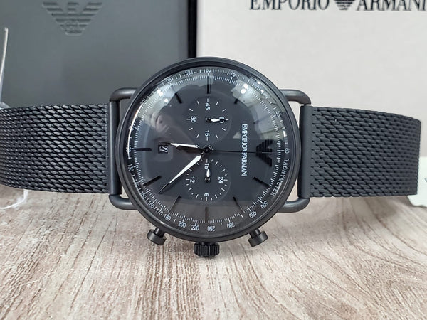 Emporio Armani Aviator Chronograph Black Dial Black Mesh Bracelet Watch For Men - AR11264
