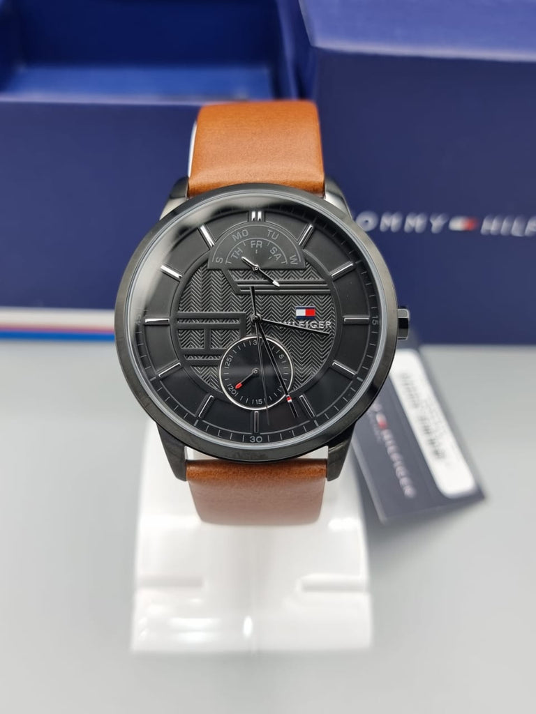 Tommy Hilfiger Hunter Black Dial Brown Leather Strap Watch for Men - 1791604