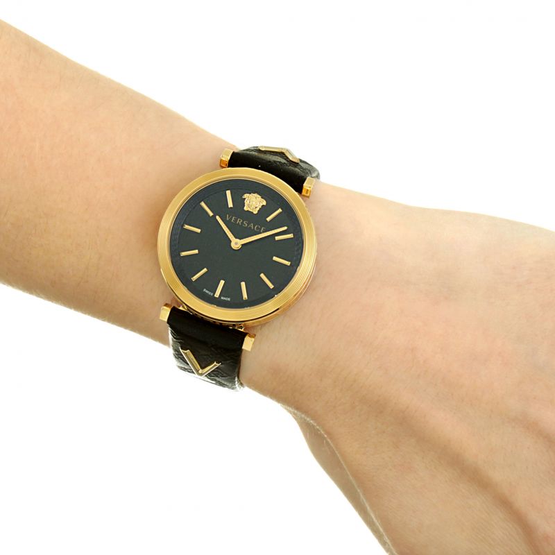 Versace V-Twist Black Dial Black Leather Strap Watch for Women - VELS00619