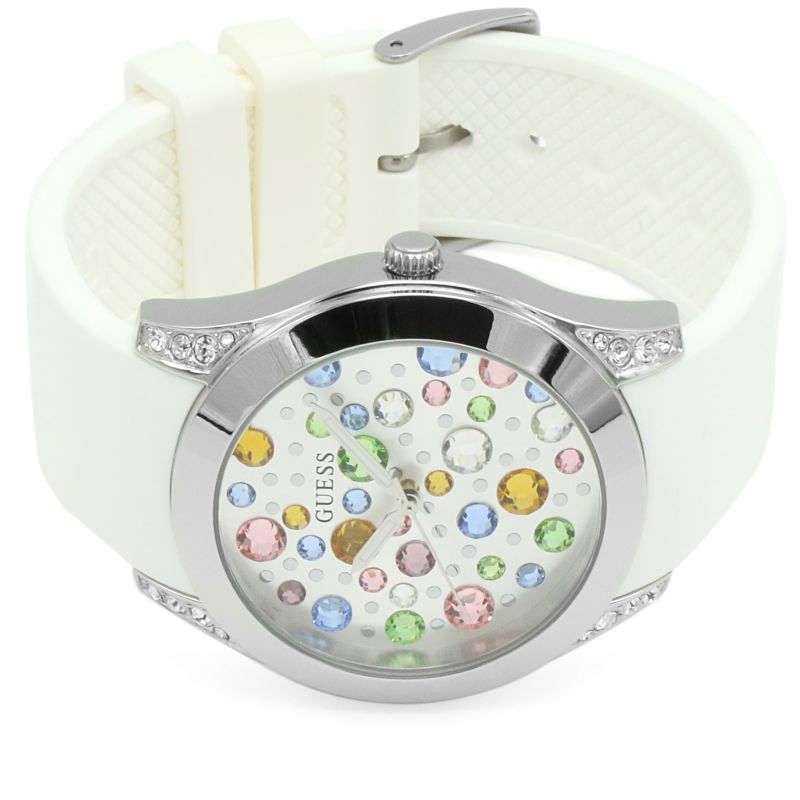 Guess Wanderlust Crystals Silver Dial White Rubber Strap Watch For Women - W1059L3