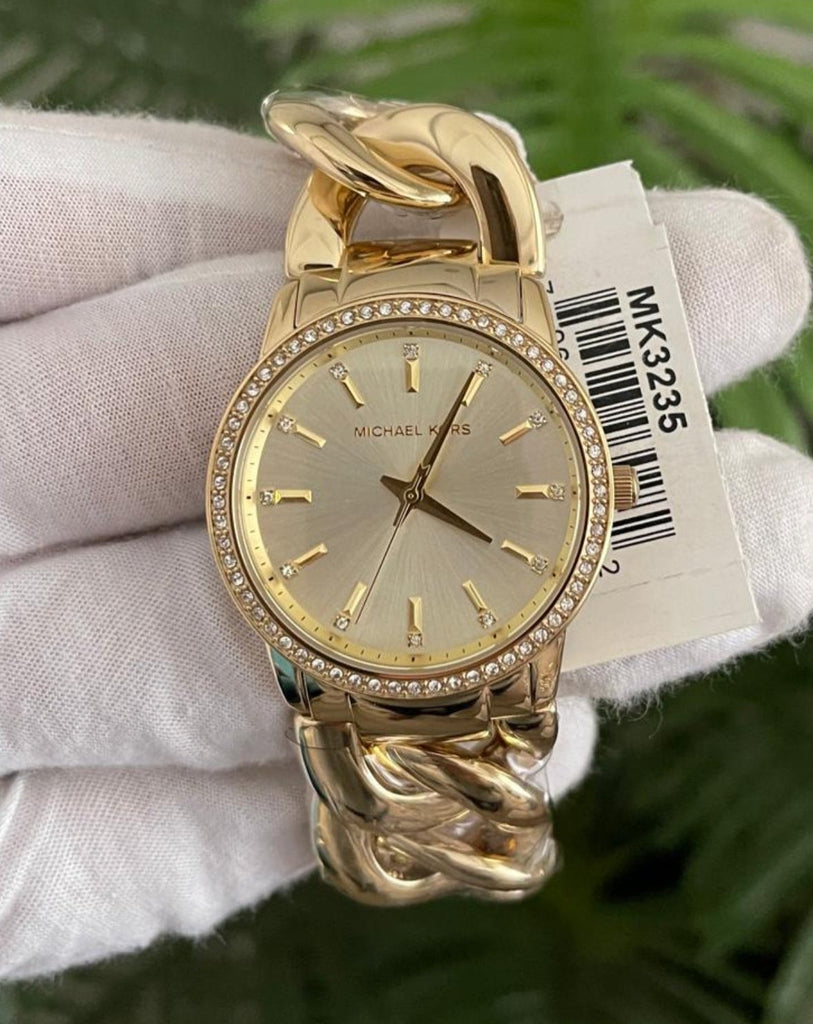 Michael Kors Nini Three Hand Gold Dial Gold Steel Strap Watch For Women - MK3235