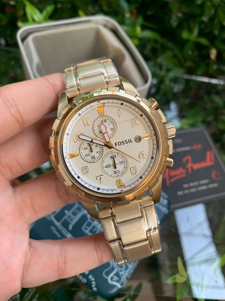 Fossil Dean Chronograph Champagne Dial Gold Steel Strap Watch for Men - FS4867