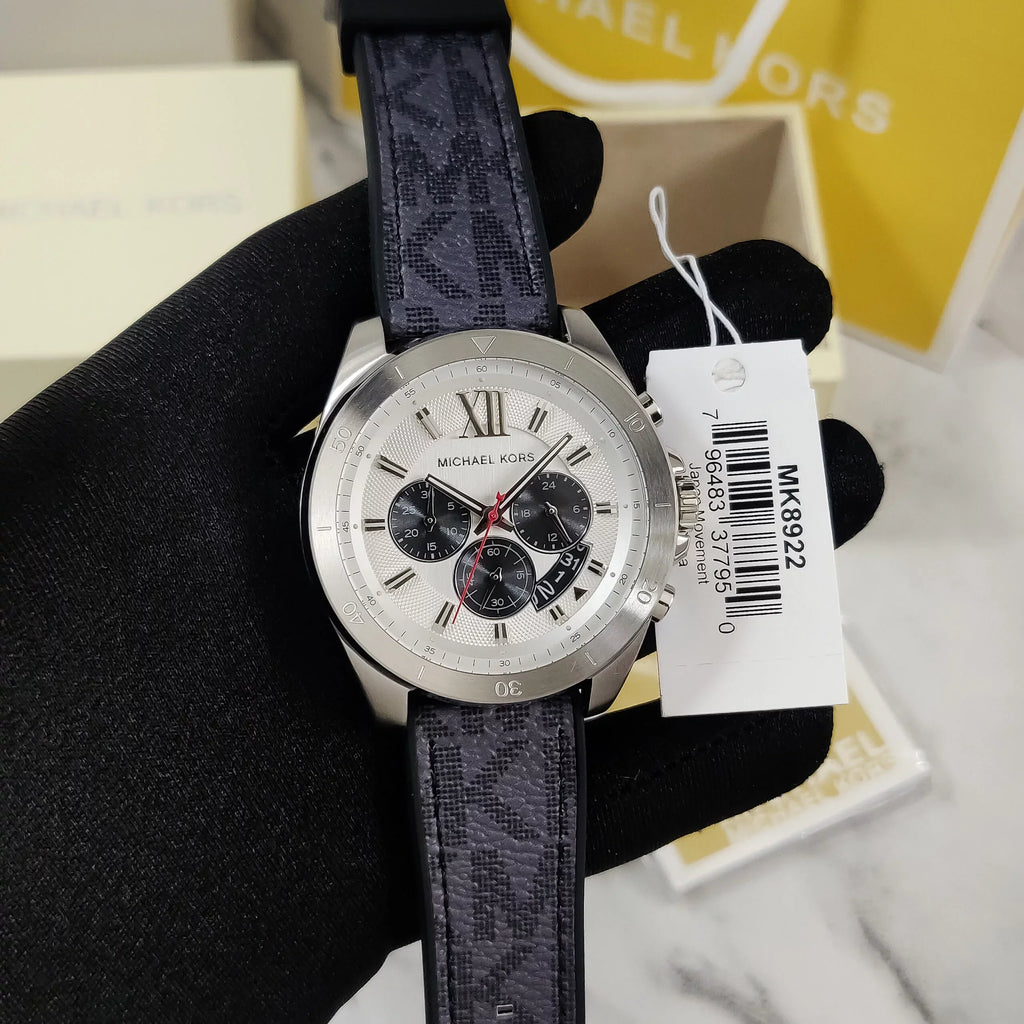 Michael Kors Brecken Chronograph Silver Dial Grey Leather Strap Watch For Men - MK8922