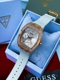 Guess Raven Diamonds Rose Gold Dial White Silicone Strap Watch for Women - GW0105L3