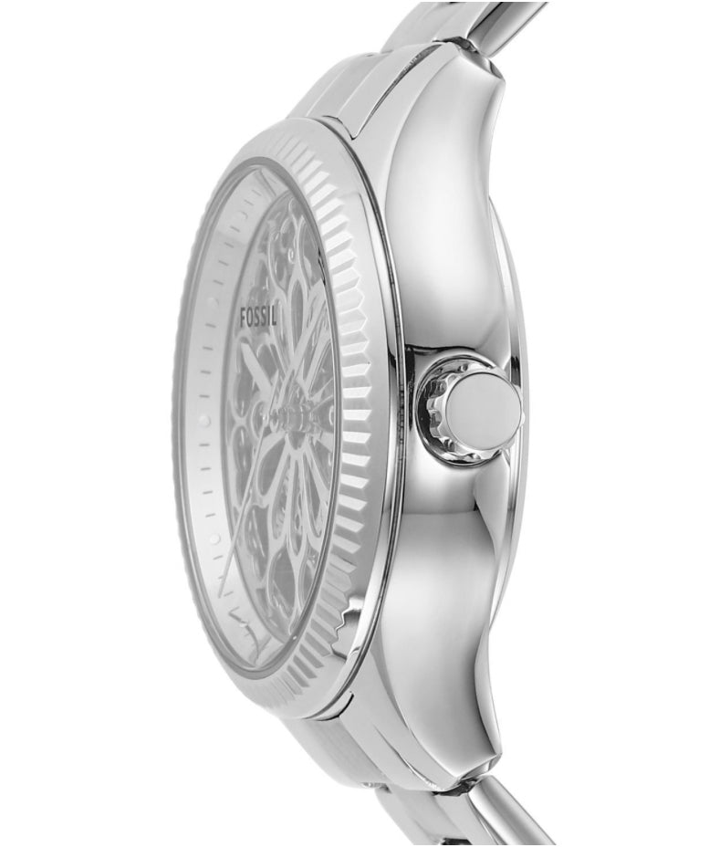 Fossil Rye Automatic Skeleton Silver Dial Silver Steel Strap Watch for Women - BQ3753