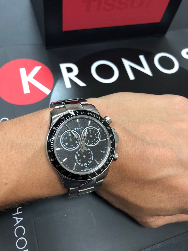 Tissot V8 Quartz Chronograph Black Dial Silver Steel Strap Watch For Men - T106.417.11.051.00
