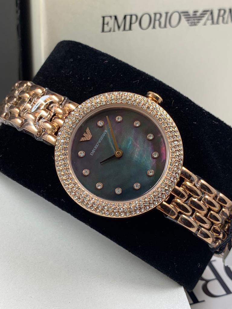 Emporio Armani Rosa Quartz Mother of Pearl Black Dial Rose Gold Steel Strap Watch For Women - AR11372
