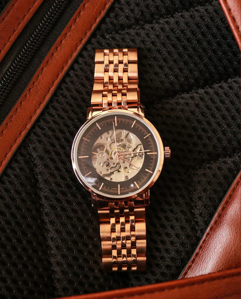 Fossil Boyfriend Automatic Skeleton Rose Gold Dial Rose Gold Steel Strap Watch for Women - ME3065
