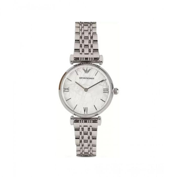 Emporio Armani Gianni T Bar White Marble Dial Silver Steel Strap Watch For Women - AR11170