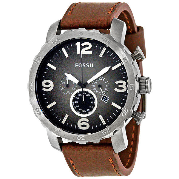 Fossil Nate Chronograph Grey Dial Brown Leather Strap Watch for Men - JR1424
