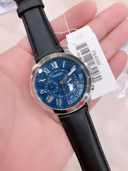 Fossil Grant Chronograph Blue Dial Black Leather Strap Watch for Men - FS4990