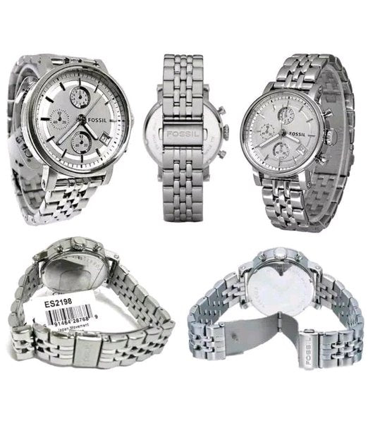 Fossil Boyfriend Chronograph Silver Dial Silver Steel Strap Watch for Women - ES2198