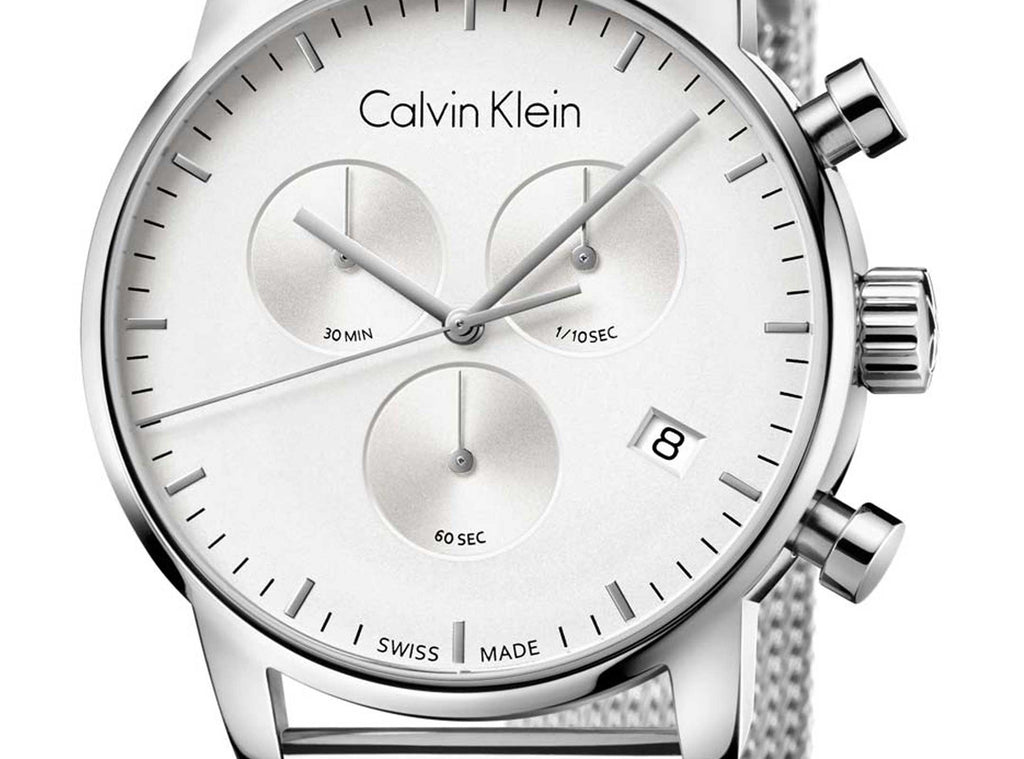 Calvin Klein City Chronograph White Dial Silver Mesh Bracelet Watch for Men - K2G27126