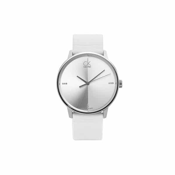 Calvin Klein Accent Silver Dial White Leather Strap Watch for Women - K2Y2Y1KW
