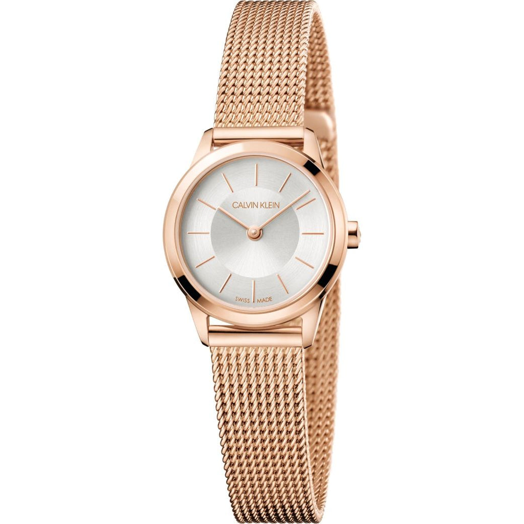 Calvin Klein Minimal White Dial Rose Gold Mesh Bracelet Watch for Women - K3M23626